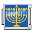 Hanukkah Menorah italienisches Armband-Modul aus Edelstahl mit blauem Emaille-Hintergrund. - 九灯烛台Menorah(ICP-JFAA0098-1) / Silber