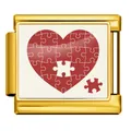 Premium gold stainless steel Italian charm link with a red heart puzzle graphic - Gold Base Heart Puzzle Style (ICP-JCAA0127-2)