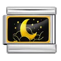 Charm link italiano in acciaio inossidabile con motivo di luna e stelle dorate su nero - Base Argento Stile Luna Nuvola Nero Oro (ICP-YC342-13SD)
