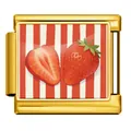 Golden Italian charm link featuring hand-drawn strawberry design on striped background - Strawberry Style (JCAA0092-2)