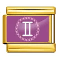 Maillon de bracelet italien doré avec signe du zodiaque Gémeaux violet et fleurs - Gémeaux / Base de Couleur Or