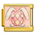 Italian charm bracelet link featuring a cute Easter bunny holding a checkered egg - Checkered Rabbit Ear Egg (ICP-JCAA0156-2)