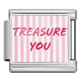 Stainless steel Italian modular charm link featuring pink stripes and Treasure You text - Silver Base Treasure You Lettering Style (ICP-JCAA0128-1)