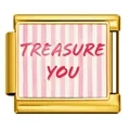 Italian charm link in gold finish with Treasure You text on pink striped background - Gold Base Treasure You Lettering Style (ICP-JCAA0128-2)