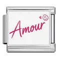 Stainless steel Italian modular bracelet charm with pink Amour script heart and smiley - Silver Base Amour Heart Smile Style (ICP-JCAA0129-1)