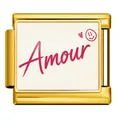 Italian charm link in gold finish with pink Amour text and heart smiley for DIY bracelet - Gold Base Amour Heart Smile Style (ICP-JCAA0129-2)