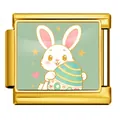 Golden stainless steel Italian modular charm featuring an Easter bunny illustration. - Bunny with Egg and Stars (ICP-JCAA0178-2)