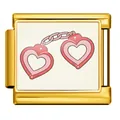 Premium gold stainless steel Italian charm link featuring pink heart handcuffs design - Gold Base Heart Handcuffs Style (ICP-JCAA0130-2)