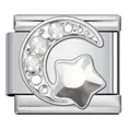 Shiny stainless steel Italian charm bracelet link featuring moon and star with rhinestones - Silver Rhinestone Moon and Star (ICJ3234-1) / 1 Piece