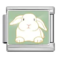 Stainless steel Italian charm link with white Easter rabbit on green background - Front-facing Bunny (ICP-JCAA0179-1)