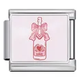 Stainless steel Italian charm link featuring pink champagne bottle with LOVE heart - Silver Base LOVE Bow Wine Bottle Style (ICP-JCAA0131-1)