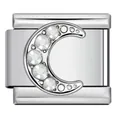 Polished stainless steel Italian charm link featuring a crystal-inlaid crescent moon - Silver Rhinestone Crescent Moon (ICJ3236) / 1 Piece