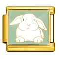 Gold Italian modular charm link with white Easter bunny motif on sage green background. - Front-facing Bunny (ICP-JCAA0179-2)