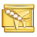 Gold plated stainless steel Italian charm link featuring a crystal-encrusted airplane - Gold Airplane Rhinestone (ICJ3237) / 1 Piece
