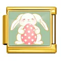 Gold Italian charm link featuring a cute Easter bunny hugging a pink polka-dot egg - Bunny with Dotted Egg (ICP-JCAA0180-2)