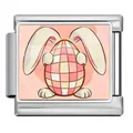 Stainless steel Italian charm link featuring cute Easter bunny holding a checkered egg - Pink & Beige Checkered Rabbit Ear Egg (ICP-JCAA0160-1)