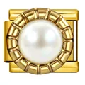 Italian modular charm featuring a round white pearl inlay in a gold-plated stainless steel setting - Gold Artificial Pearl Style (ICJ3755)