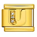 Charm lettera U in acciaio inossidabile dorato con cristalli per bracciale italiano - Lettera U (J3525) / Oro