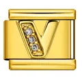Charm italiano in acciaio inossidabile dorato con lettera V e cristalli per bracciali - Lettera V (J3525) / Oro