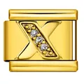 Maglia per bracciale componibile italiano in acciaio dorato con lettera X e cristalli - Lettera X (J3525) / Oro