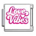 Detail view of a stainless steel Italian charm link featuring pink Love Vibes text and heart - Love Vibes Style(JFAA0010-1) / Silver