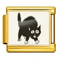 Golden Italian modular bracelet charm featuring a cute black cat design on white background - Cartoon Frightened Black Cat (JCAA0118-1) / Silver