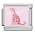 Stainless steel Italian modular charm link featuring a cute pink heart-patterned leopard - Heart Pattern Leopard (JCAA0087-1) / Silver