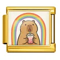 Custom gold Italian charm link featuring a cute capybara and rainbow for DIY bracelets - Capybara Drinking Milk Tea (JCAA0112-2) / Gold