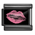 Charm italiano gotico in acciaio nero con labbra rosa glitterate e cerniera lampo - Motivo Labbra con Cerniera (ICP-YCAA0110)