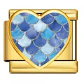 Goldenes italienisches Charm-Glied in Herzform mit blauem Meerjungfrau-Schuppenmuster - Gold Heart Fish Scale (ICP-JHAA019-2)