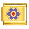 Detalle de un eslabón de dije italiano dorado con una flor de esmalte violeta y roja. - Dorado Con Flor Púrpura (ICY665-3)