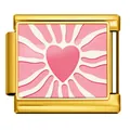 Maglia per bracciale italiano placcato oro con cuore rosa e motivo a raggiera - Stile Cuore Radiante (ICP-JCAA0060-1)