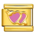 Vue détaillée d'un module de breloque italien doré avec double cœur en émail rose. - Or Avec Double Cœur Rose (ICY849-2)
