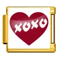 Italian modular bracelet link with gold finish and a red heart featuring XOXO design - Heart XOXO Style(JFAA0005-2) / Gold