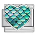 Herzförmiger italienischer Charm mit lebhaften Meerjungfrauen-Schuppen in funkelndem Grün - Silver Heart Fish Scale (ICP-JHAA021-1)