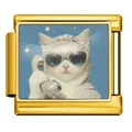 Gold stainless steel Italian charm featuring a cute white cat with sparkly glasses and phone - Cat Making a Call (JCAA0119-2) / Gold