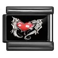 Charm link italiano gotico con cuore rosso e ali in acciaio inossidabile nero spazzolato - Motivo Cuore Alato (ICP-YCAA0118)
