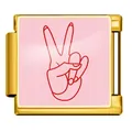 Gold stainless steel Italian charm with pink background and red peace sign - V-Sign Gesture Style(JFAA0008-2) / Gold