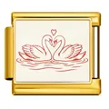 Gold-plated stainless steel Italian charm bracelet link with red swan heart Valentine art - Gold Base Double Swan Heart Style (ICP-JCAA0133-2)