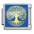 Breloque modulaire italienne en acier inoxydable avec Arbre de Vie doré sur fond bleu - 金色生命树(ICP-JFAA0105-1) / Argent