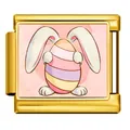 Gold-plated Italian charm bracelet link featuring a cute Easter bunny and striped egg - Rabbit Presenting Egg (ICP-JCAA0162-2)