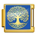 Breloque modulaire italienne Arbre de Vie dorée sur acier inoxydable bleu roi émaillé. - 金色生命树(ICP-JFAA0105-2) / Or