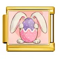 Gold stainless steel Italian charm with Easter bunny holding a polka dot egg design. - Rabbit with Polka Dot Egg (ICP-JCAA0163-2)