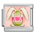 Stainless steel Easter Italian charm link with bunny holding a heart decorated egg - Rabbit Heart Egg (ICP-JCAA0164-1)