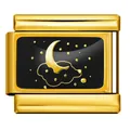 Charm modulare italiano in acciaio dorato con smalto nero a forma di luna e stelle - Base Oro Stile Luna Stella e Nuvola Nero e Oro (ICP-YC342-22GD)