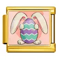 Easter bunny holding a decorative egg motif Italian modular charm link in gold finish - Rabbit Holding Purple Zigzag Egg (ICP-JCAA0166-2)