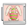 Italian charm link featuring a cute Easter bunny holding a pink and green striped egg - Rabbit Holding Pink-Green Striped Egg (ICP-JCAA0167-1)