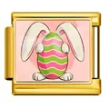 Easter bunny and colorful egg Italian charm link in gold stainless steel - Rabbit Holding Pink-Green Striped Egg (ICP-JCAA0167-2)