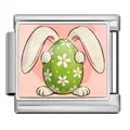 Stainless steel Italian charm link featuring a cute Easter bunny holding a green egg - Rabbit and Daisy Green Egg (ICP-JCAA0168-1)
