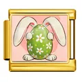 Gold stainless steel Italian modular charm featuring a cute Easter bunny with a green floral egg - Rabbit and Green-White Floral Egg (ICP-JCAA0168-2)